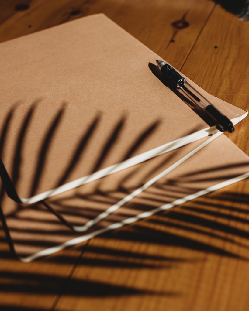 Photo of 3 plain brown notebooks in harsh sunlight with a leaf shadow across them