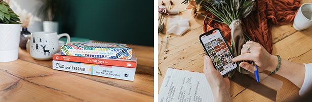 2 landscapes images side by side. One image showing a pile of 3 books on a wooden desk with green wall in the background. The other image showing a florist sat at a wooden desk scrolling through Pinterest flower images on her phone.