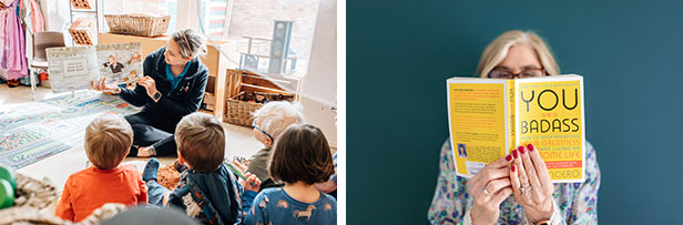 2 landscapes images side by side. One image showing a carer reading to children in a nursery setting. The other image showing a business women standing against a teal blue wall holding a yellow covered business book open up to her face.